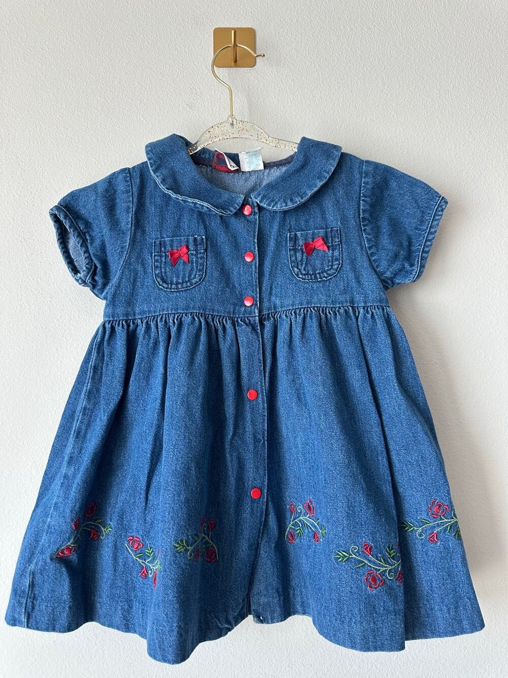 Vintage Mayfair Kids Denim Dress 3T Embroidered Floral Prairie Cottagecore